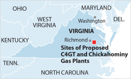 Map of Central Virginia and sites of C4GT and Chickahominy gas plants