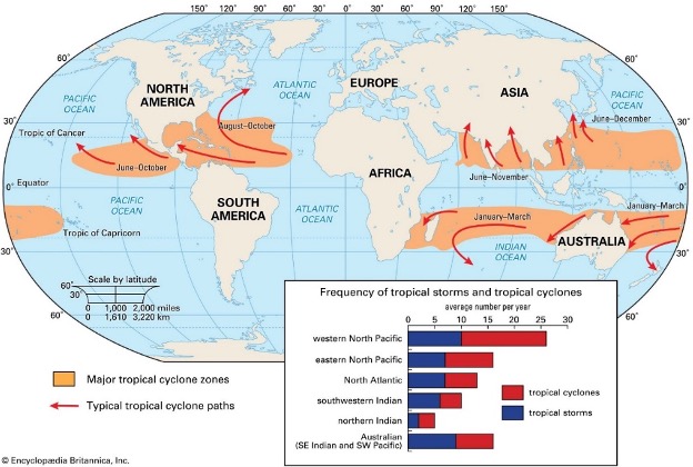 Figure 2: Major Tracks and Frequency of Hurricanes, Typhoons, and Cyclones