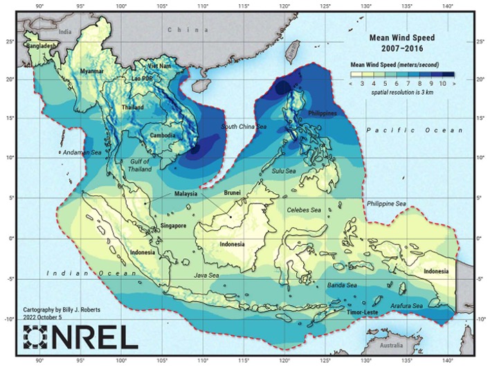 Figure 3: Long-term Average Wind Speeds in South and Southeast Asia