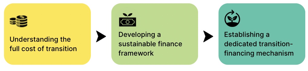 1. Understanding the full cost of transition 2. Developing a sustainable finance framework 3. Establishing a dedicated transition-financing mechanism