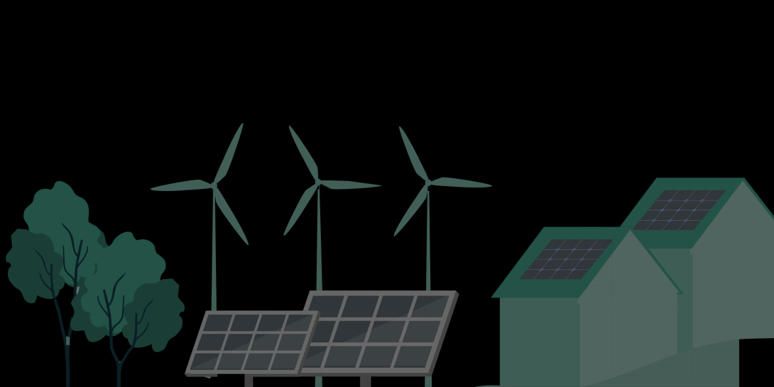 graphic showcasing solar panels, houses and wind turbines
