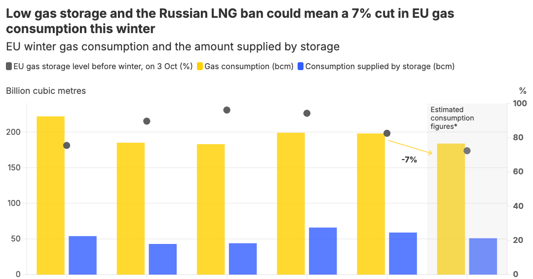 EU may need to cut winter gas demand by 7% with gas storage at a record seasonal low