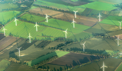 Aerial view of a modern electricity generating windmill farm