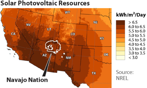 Solar Photovoltaic resources map of Southwestern U.S. with gradations of kilowatt hours of solar radiation. Ariziona, New Mexico and southern California show highest levels. (6-6.5 kWh/m2/day)