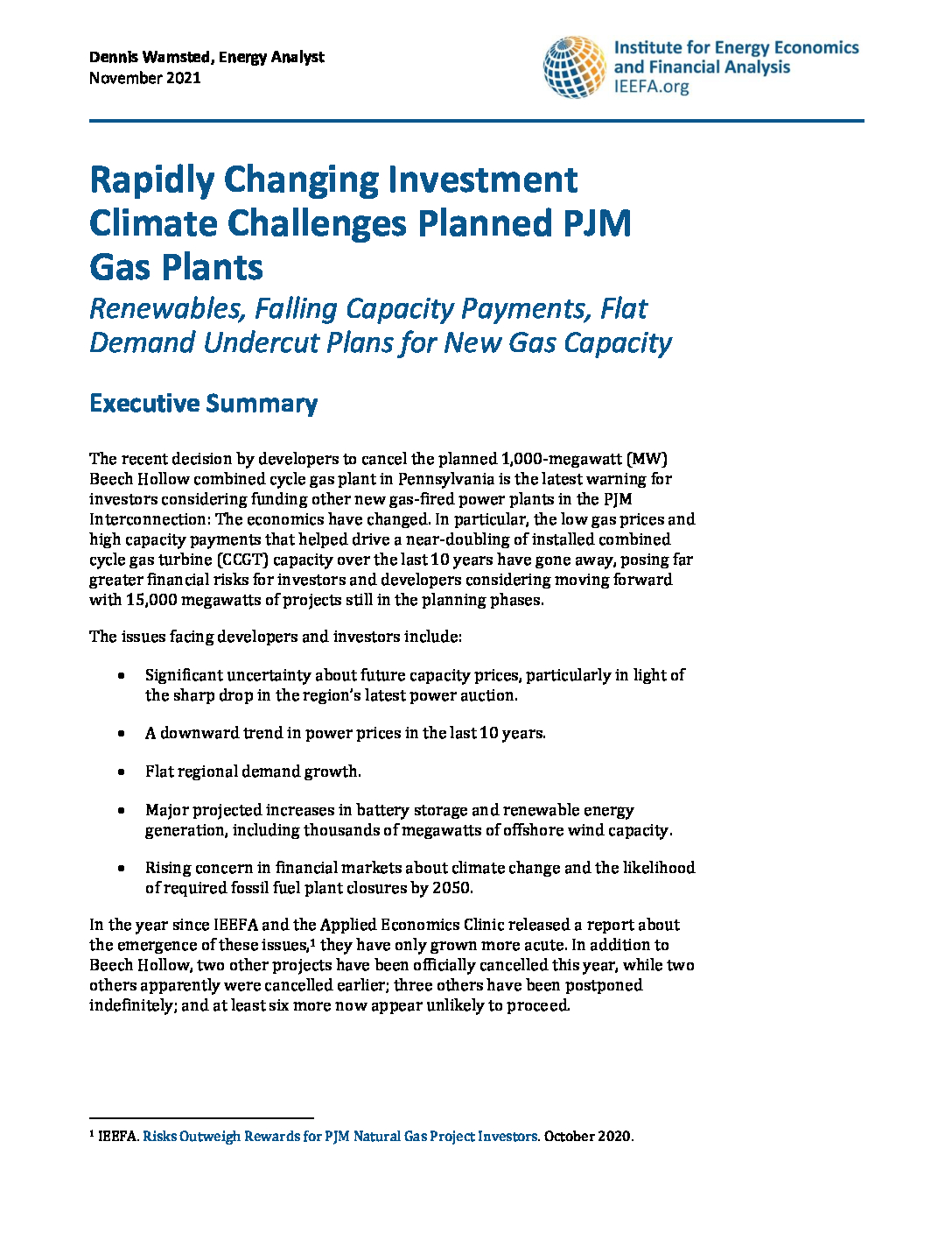 Rapidly Changing Investment Climate Challenges Planned PJM Gas Plants_November 2021